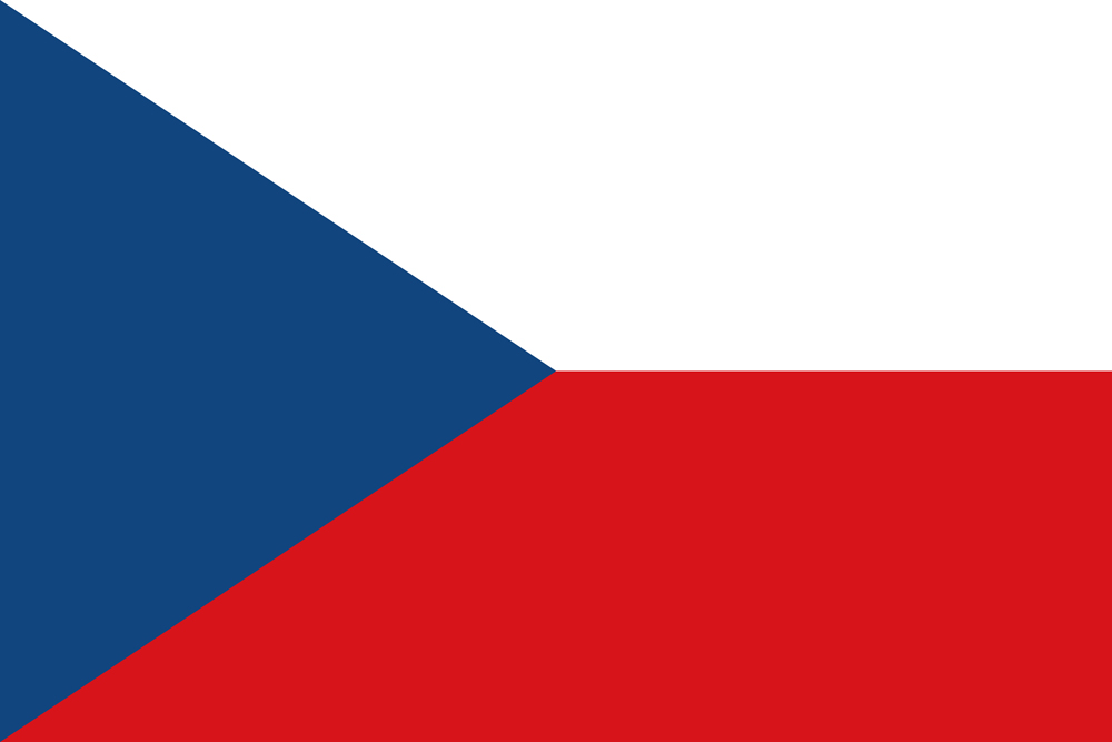 a blue triangle, white and red flag